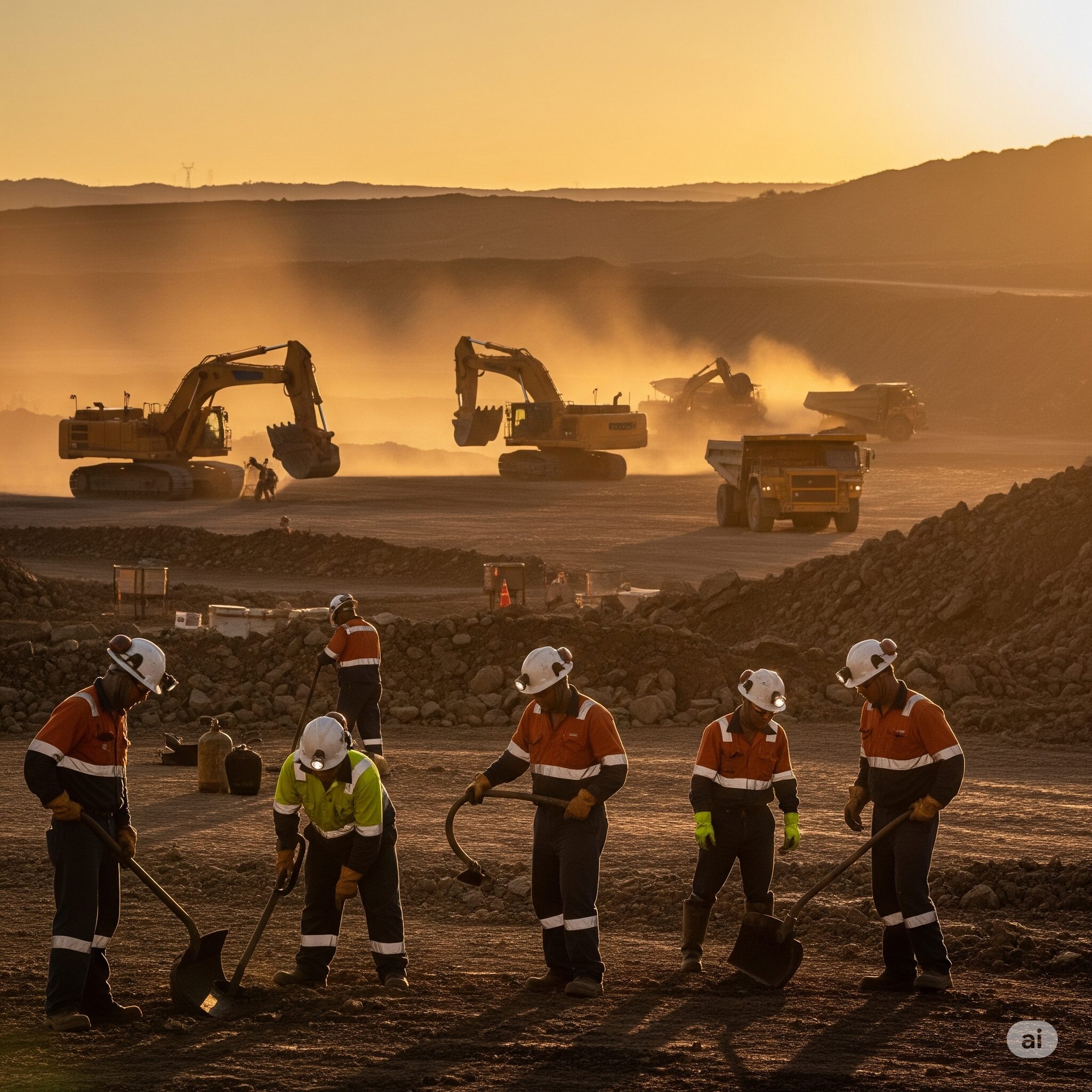 workers working in a mine at dawn