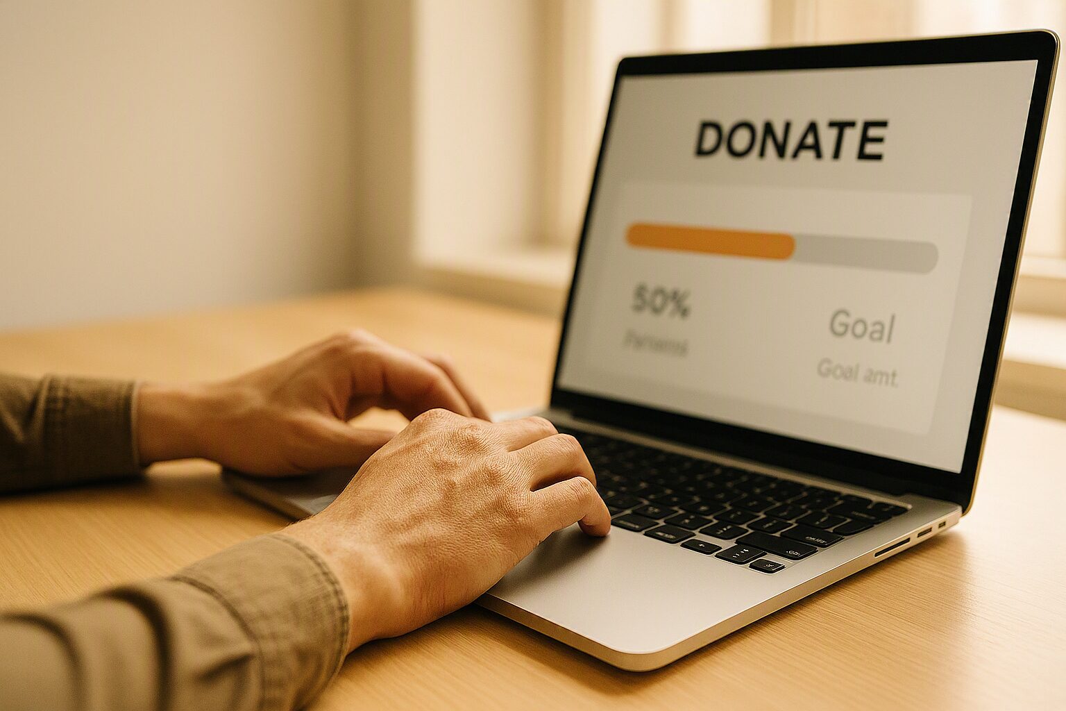 Hands typing on a laptop displaying a donation progress bar and crowdfunding campaign interface, representing Guildhawk's GAI multilingual translation services for LaunchGood